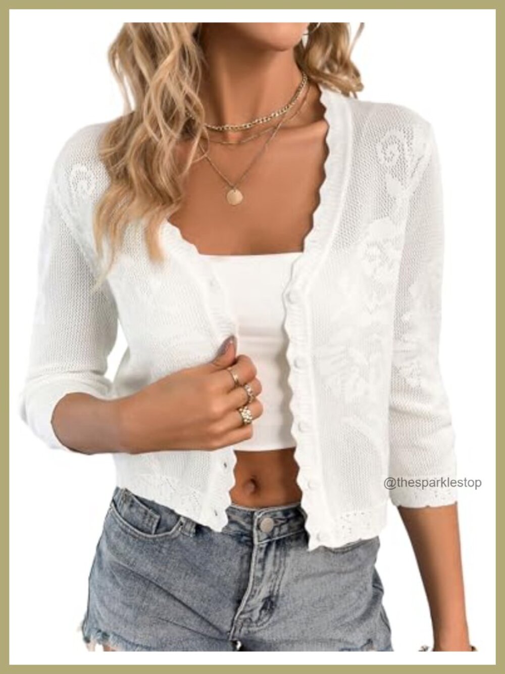 Women's Cropped Cardigan 3/4 Sleeve Button Up Crochet Shrug Lightweight